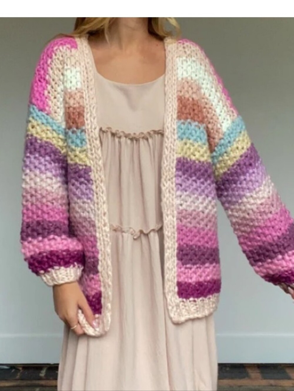Anthropologie Chunky Striped Crochet Cardigan in Pink, Purple, Cream